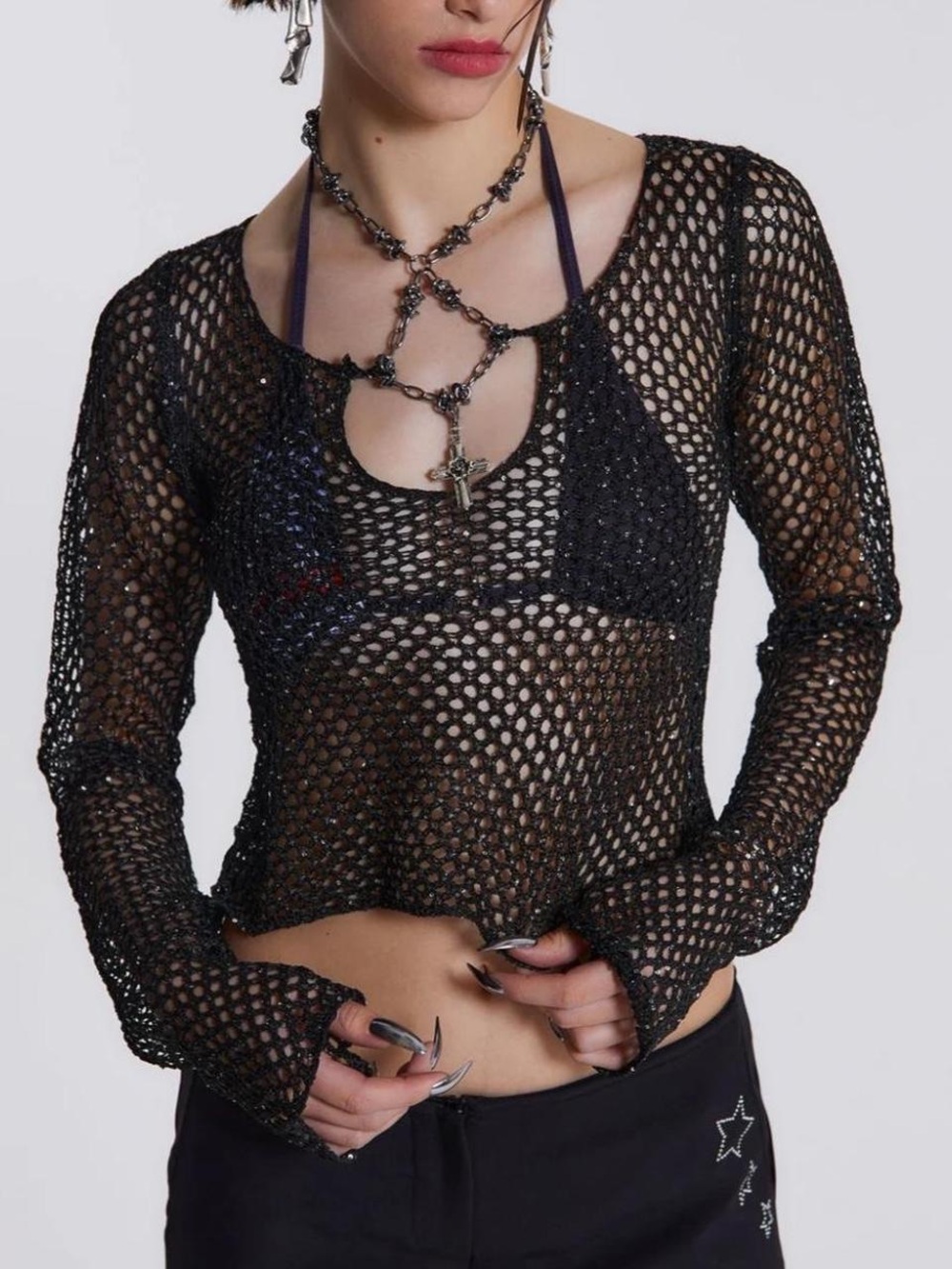 Jaded London Black Sequined Crochet Mesh Top with Chain Detail